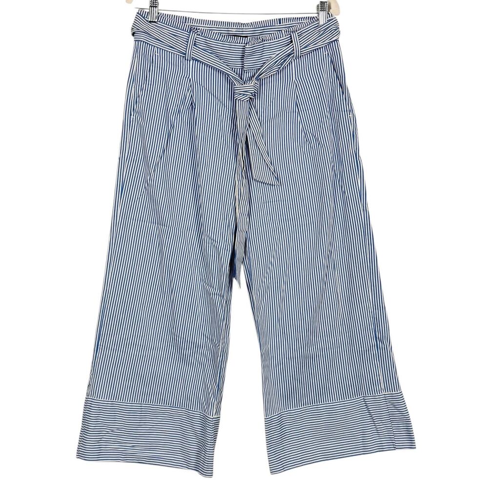Banana Republic 100% Cotton Pinstripe Wide Leg Pleated Paperbag Pants 8 Nautical